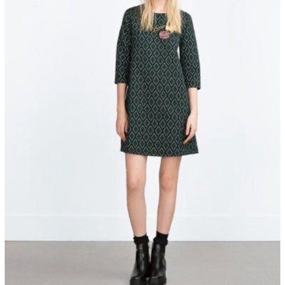 Zara Dresses & Skirts - Zara Women’s Green & Black Geometric Pattern Mini Dress Size S